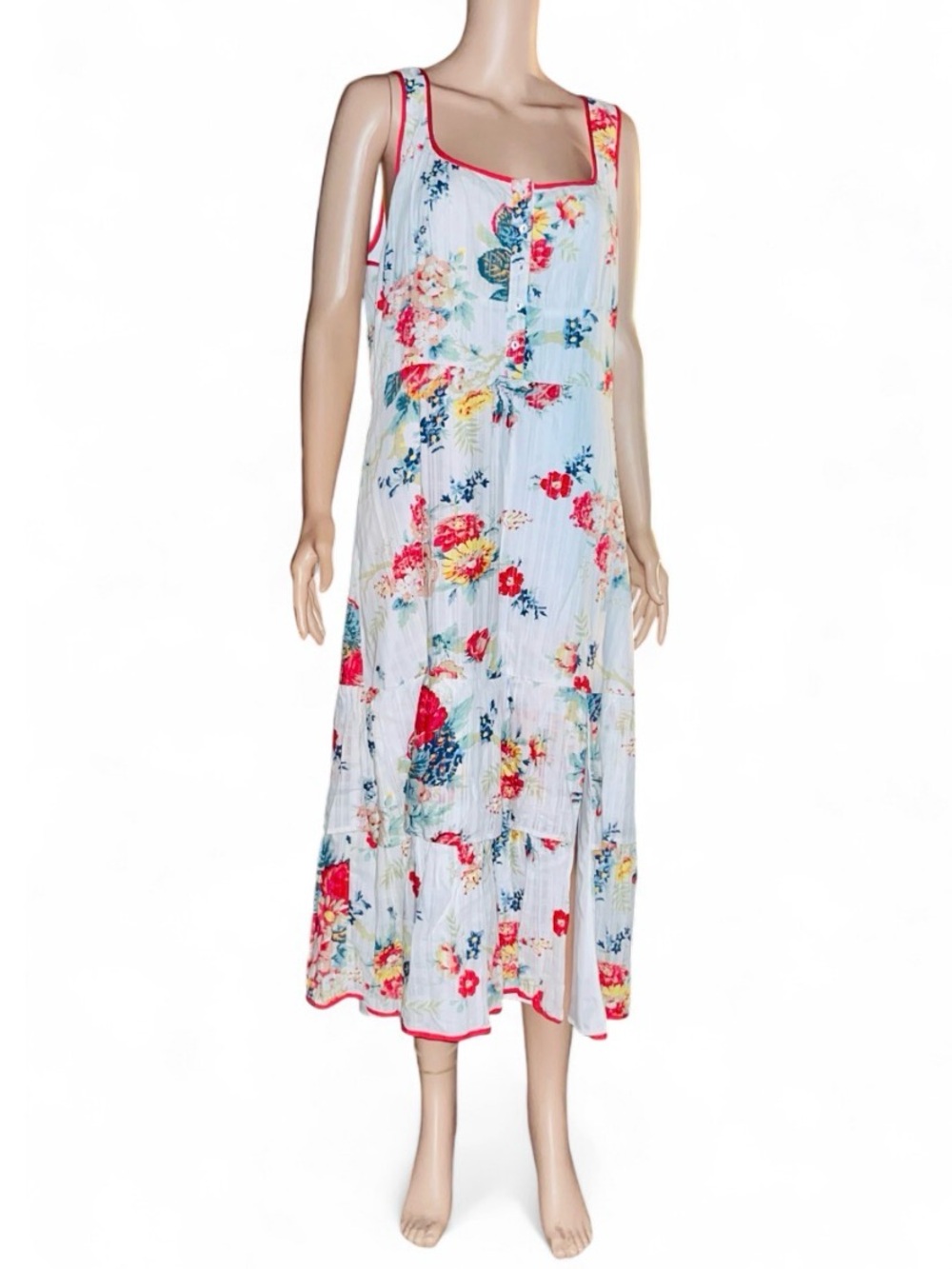 VTG Betsey Johnson White Cotton Maxi Dress with Red Trim